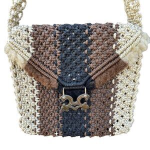 VTG Crocheted shoulder bag satin lined boho festival.